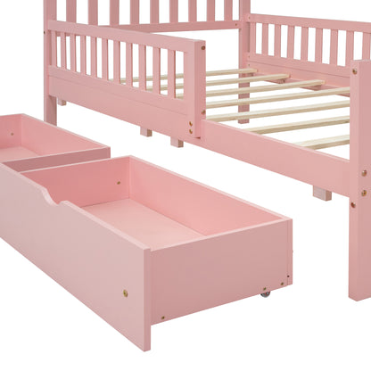 Twin Size Pink Wooden Platform Bed with Safety Guardrails and Dual Storage Drawers