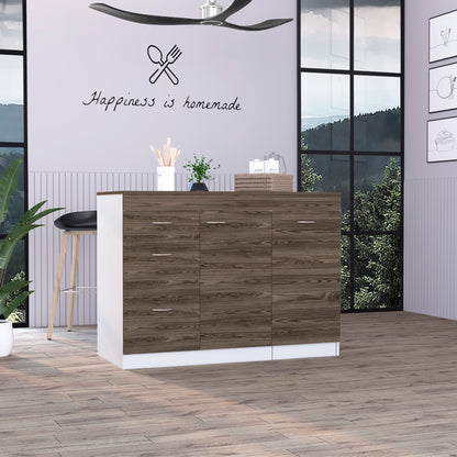 Convertible L-Shaped Kitchen Island with 3 Drawers in White and Dark Walnut Finish