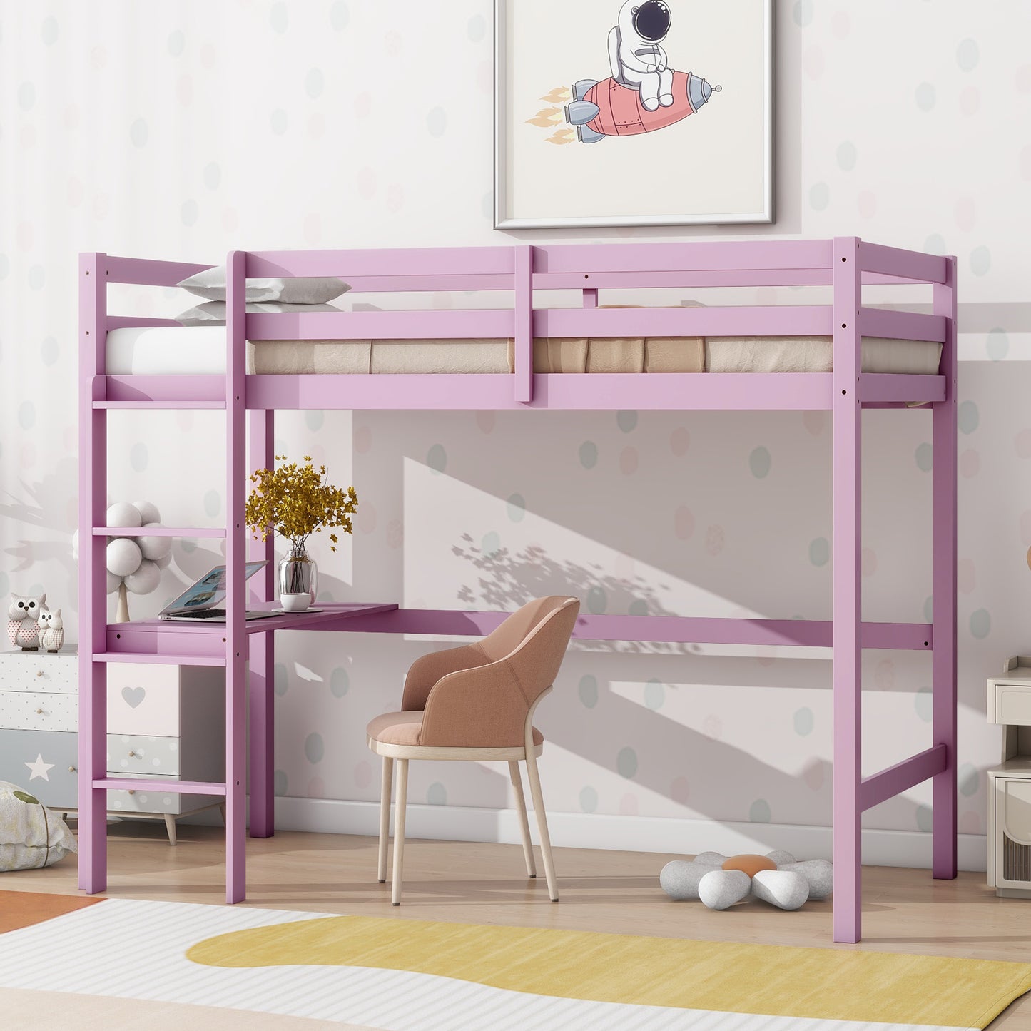 Pink Twin High Loft Bed with Built-in Desk and Safety Guardrails - Rubber Wood Design