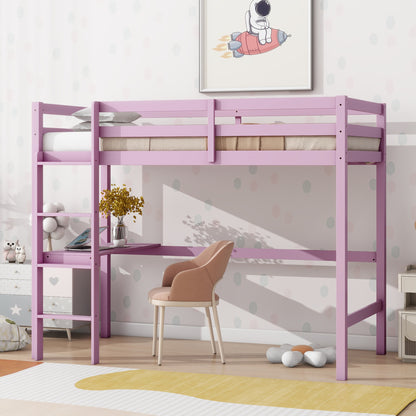 Pink Twin High Loft Bed with Built-in Desk and Safety Guardrails - Rubber Wood Design