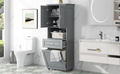 Tall Grey Storage Cabinet with Removable Laundry Hamper, Multi-Functional Upper Shelves and Cabinet Doors