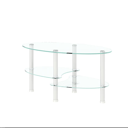 Oval Glass Coffee Table with Tempered Glass Top and 3-Tier Storage, Stainless Steel Legs Transparent