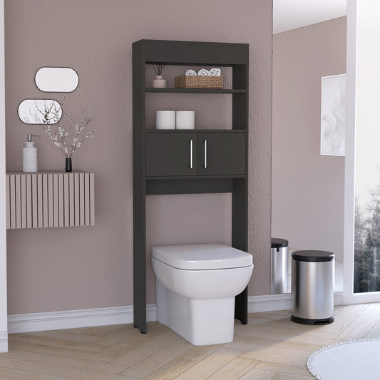 Stylish Black Wengue Over-The-Toilet Storage Cabinet with Double Doors and Two Shelves