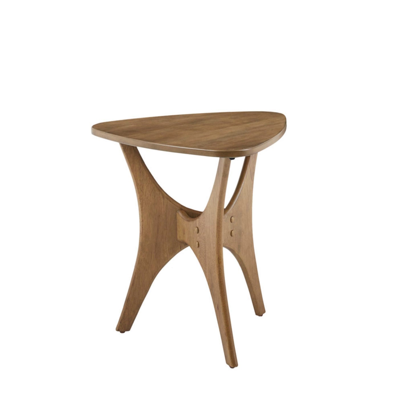 Triangle Wood Side Table with Cross Base, 21W x 20D x 20.75H, MDF Top, Plywood Legs, 75 lb Cap, Elm Finish