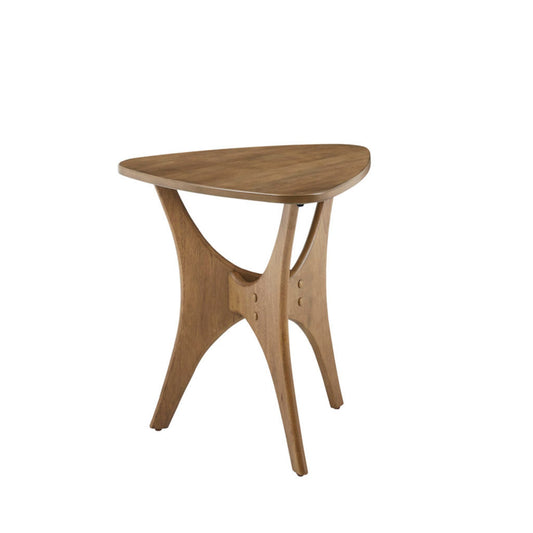 Triangle Wood Side Table with Cross Base, 21W x 20D x 20.75H, MDF Top, Plywood Legs, 75 lb Cap, Elm Finish