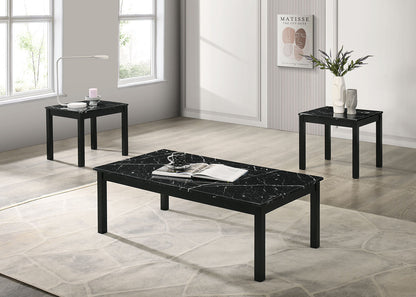 3-Piece Contemporary Coffee & End Table Set with Faux Marble Top, Solid Wood Legs, Black Finish