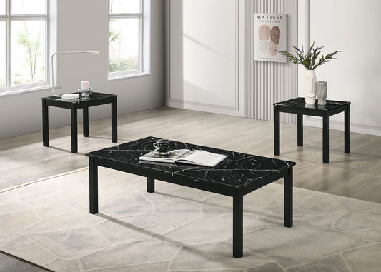 3-Piece Contemporary Coffee & End Table Set with Faux Marble Top, Solid Wood Legs, Black Finish