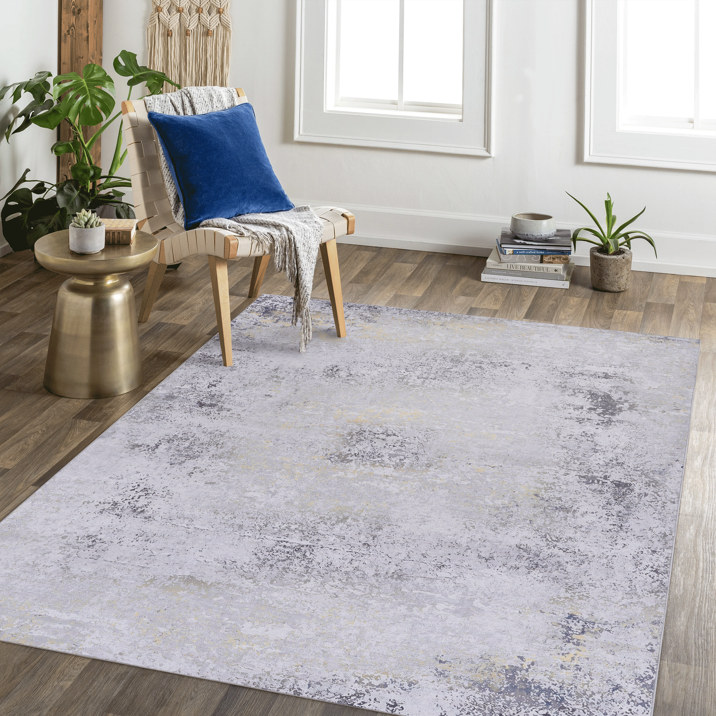 8x10 Machine-Washable Area Rug, Low-Pile, Non-Slip, Foldable, Kid & Pet Friendly Living Room - Gray/Gold