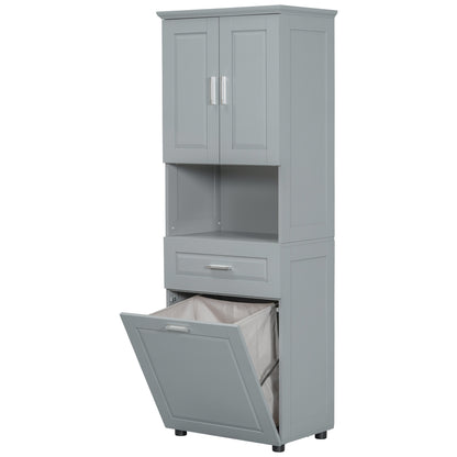 Tall Grey Storage Cabinet with Removable Laundry Hamper, Multi-Functional Upper Shelves and Cabinet Doors