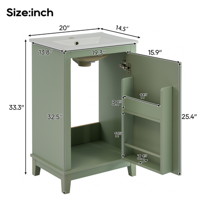 Compact 20-Inch Green Bathroom Vanity Cabinet with Ceramic Sink - Stylish Storage Solution for Small Spaces