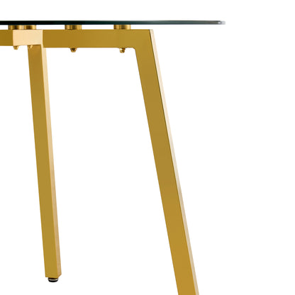 Modern minimalist style circular transparent tempered glass table, tempered glass tabletop, golden metal legs, suitable for kitchen, dining room, and living room, 42 "* 42" * 29.5 "1123r