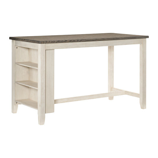 Contemporary Counter Height Table with Built-in Shelves in Antique White and Rosy Brown Finish - Wooden Dining Room Furniture