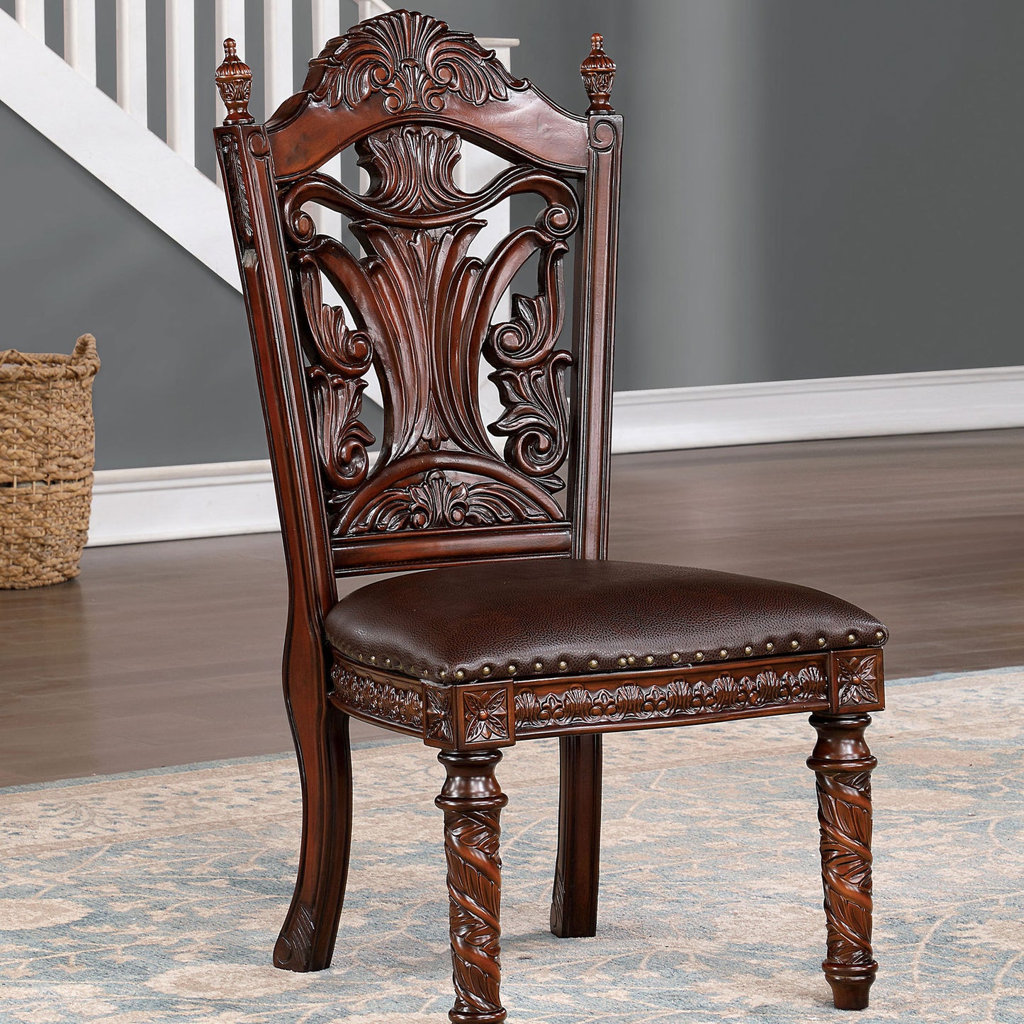 Traditional Dining Side Chair Set of 2, Solid Wood, Leatherette, Carved Back, Nailhead Trim Dark Brown