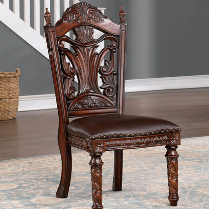 Traditional Dining Side Chair Set of 2, Solid Wood, Leatherette, Carved Back, Nailhead Trim Dark Brown