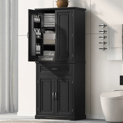 Tall Black Bathroom Storage Cabinet with Adjustable Shelf, Doors, and Drawer for Versatile Organization