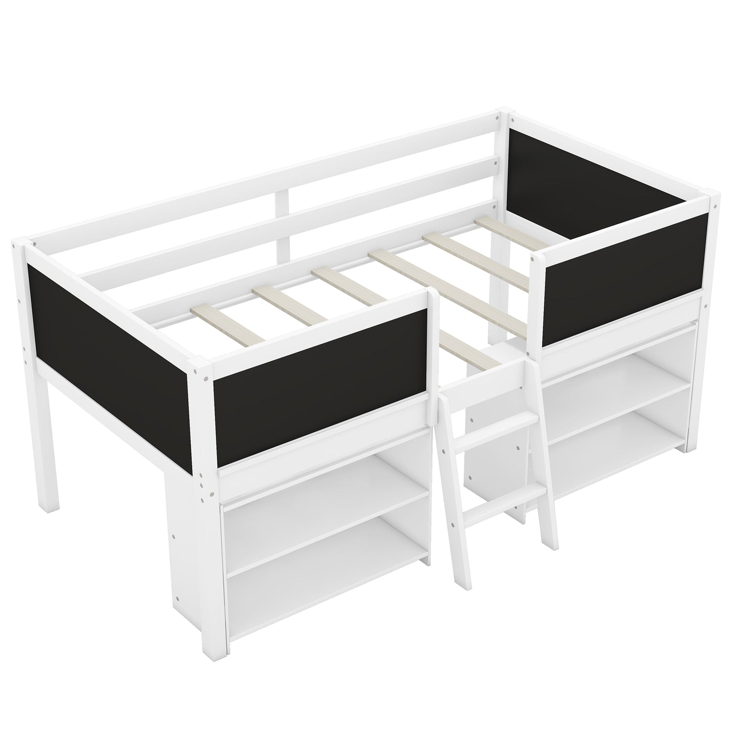 Twin Size Creative Low Loft Bed with Movable Storage Shelves and Chalkboard Guardrail, White