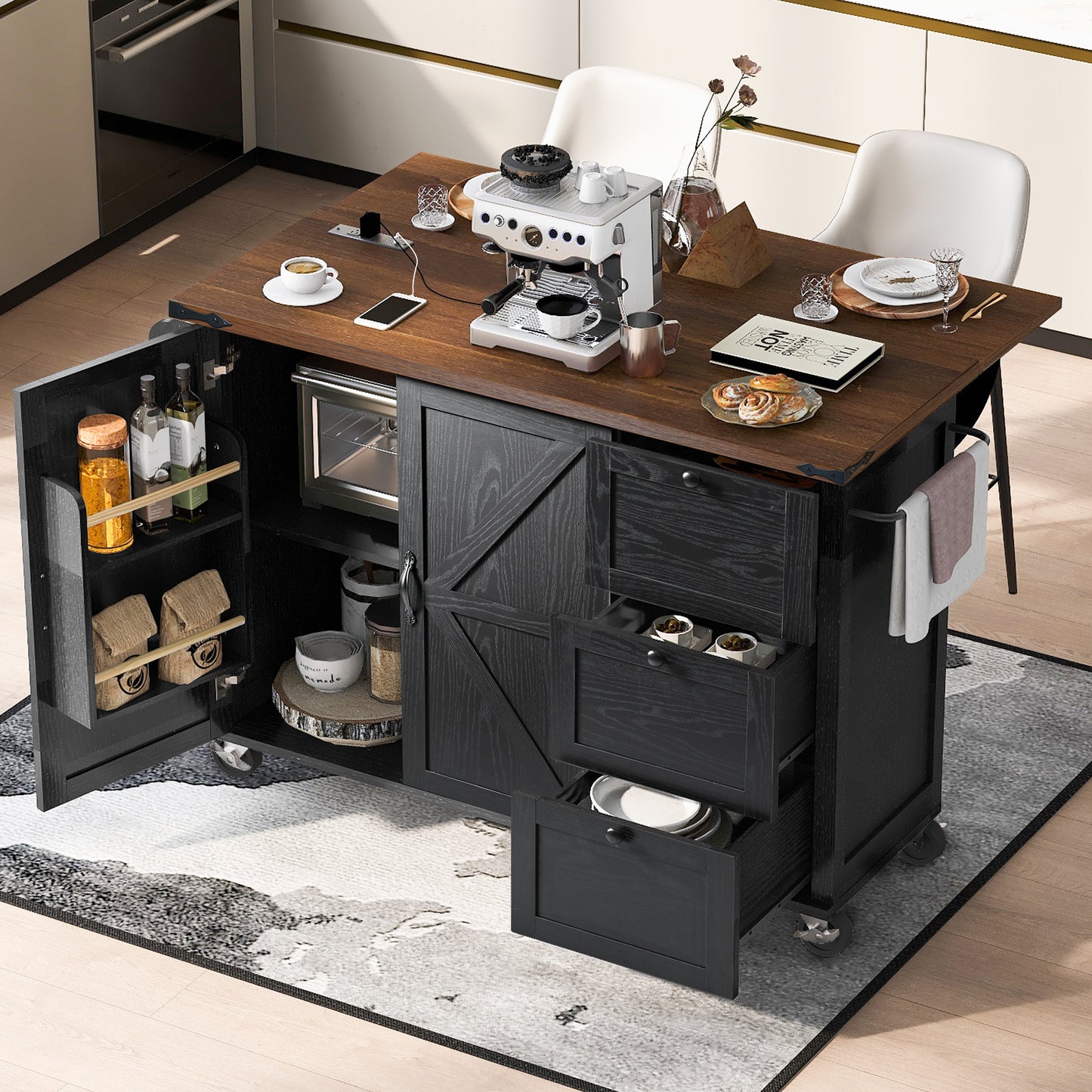 54.5" Rustic Farmhouse Kitchen Island with Power Outlet, Internal Storage, Drop Leaf, and Rolling Wheels for Home and Dining Room - Black