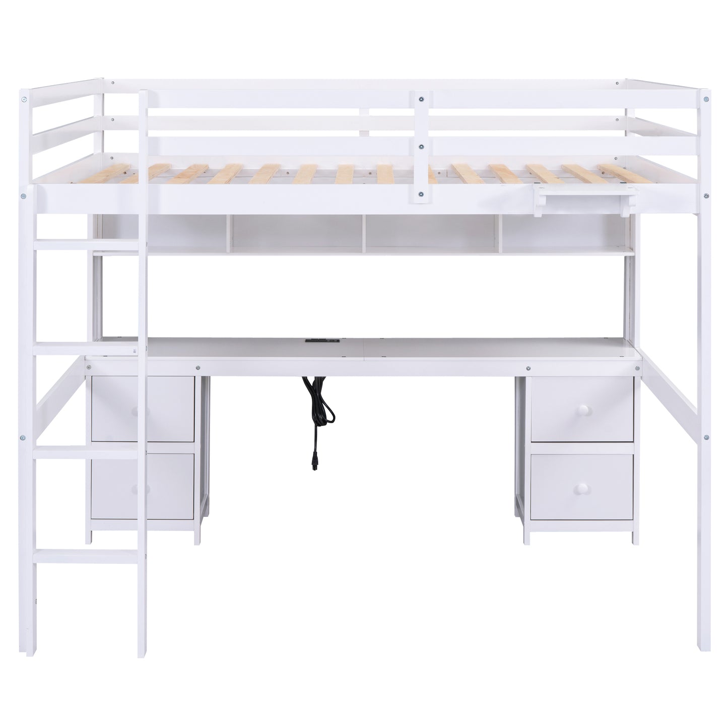 White Full Size Loft Bed with Integrated Desk, Storage Drawers, Bedside Tray, and Charging Station