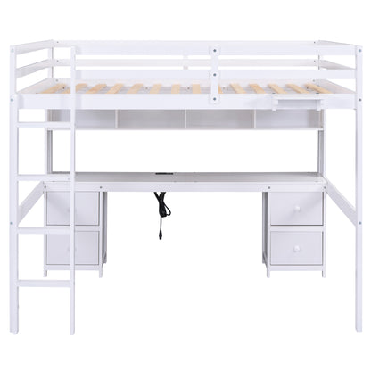 White Full Size Loft Bed with Integrated Desk, Storage Drawers, Bedside Tray, and Charging Station