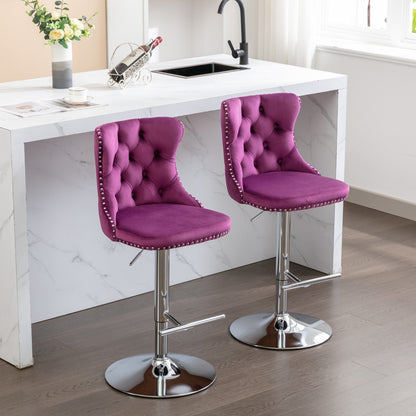 Purple Velvet Swivel Bar Stools Adjustable 25-33 Set Of 2