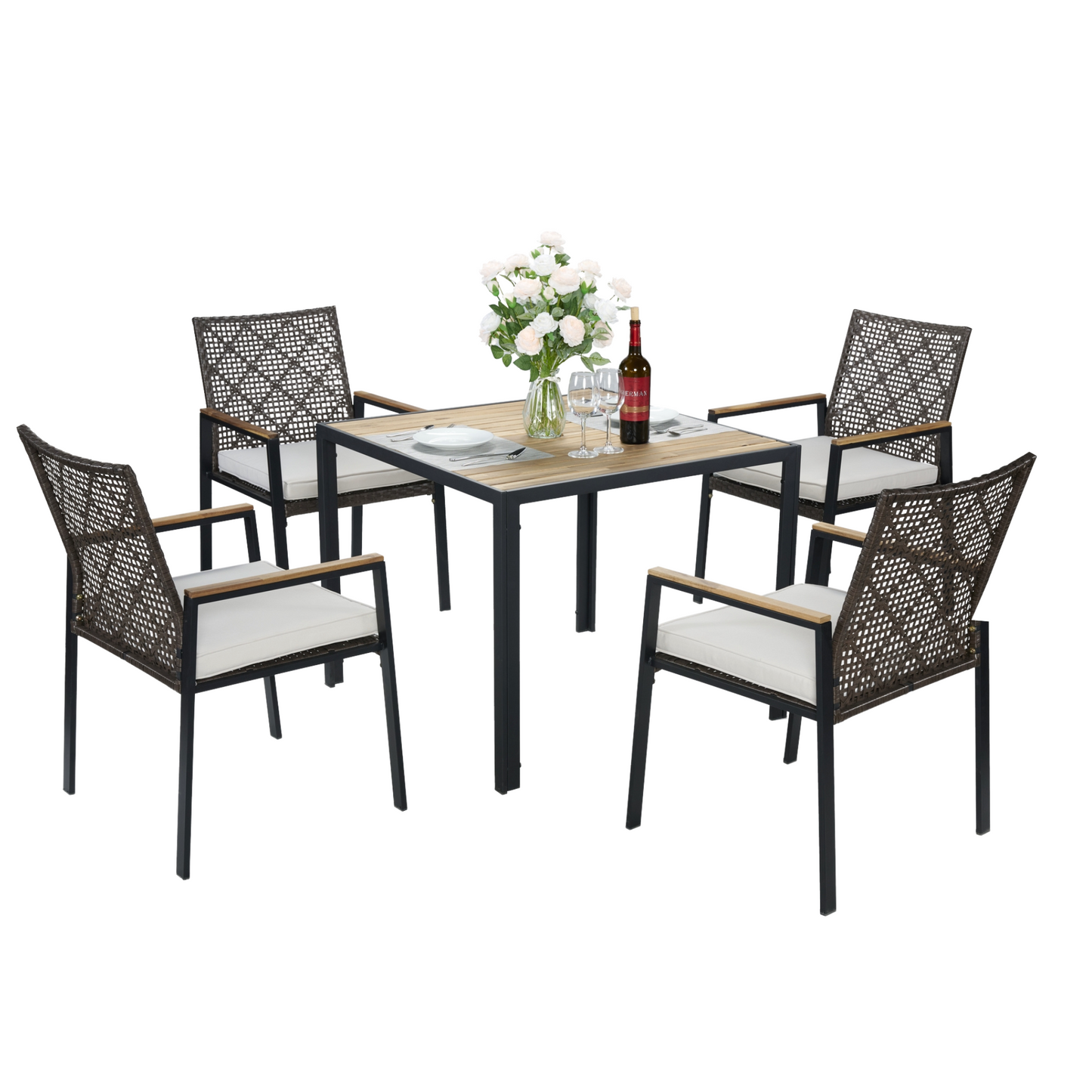 All-Weather 5-Pc Outdoor Dining Set for 4 Acacia Wood Table, Umbrella Hole, Wicker Chairs Coffee Brown