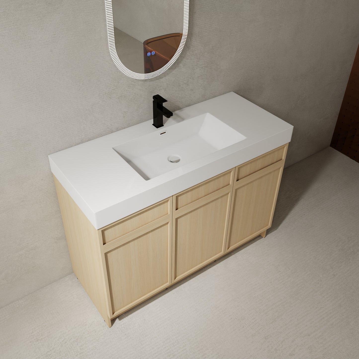 Modern 48" Freestanding Oak Bathroom Vanity with White Resin Sink & Soft-Close Doors