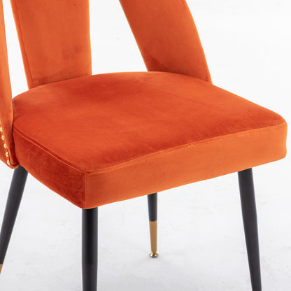 Set of 2 Velvet Upholstered Dining Chairs with Nailhead Trim and Gold-Tipped Black Metal Legs, Orange
