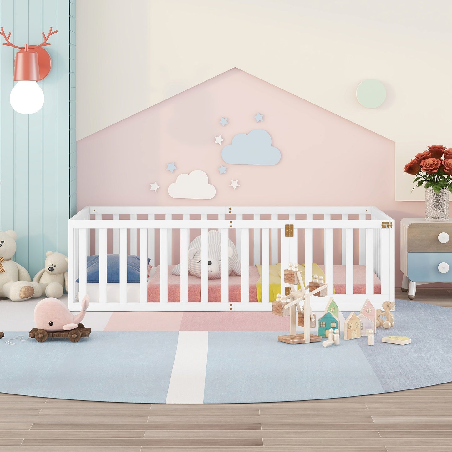 Playful Twin Wooden Floor Bed Frame for Kids with Fence and Door, White