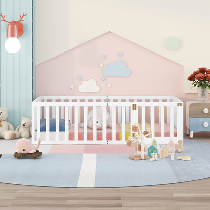 Playful Twin Wooden Floor Bed Frame for Kids with Fence and Door, White