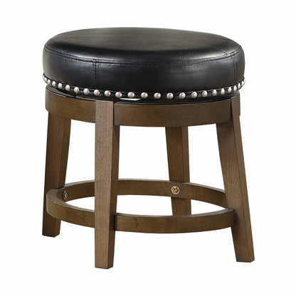 Round Swivel Stool Set of 2, Black Faux Leather 360-degree Swivel Seat Nailhead Trim Solid Wood Frame Brown Finish Transitional Style Furniture