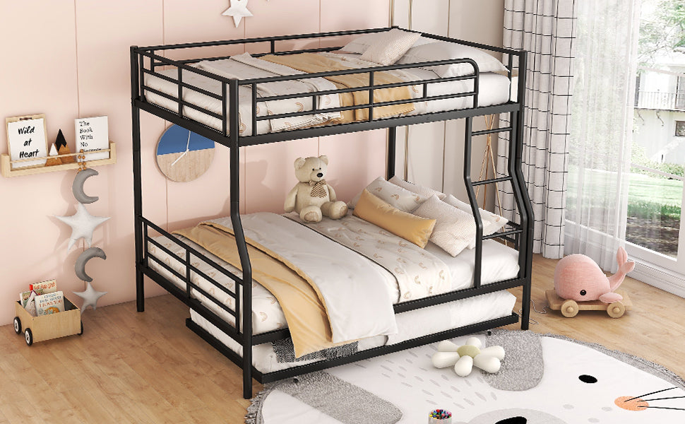 Stylish Black Full XL Over Queen Metal Bunk Bed with Trundle for Optimal Space Utilization