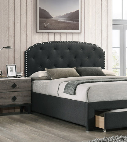 Charcoal Burlap Twin Storage Bedframe with Button Tufted Headboard and Underbed Drawer