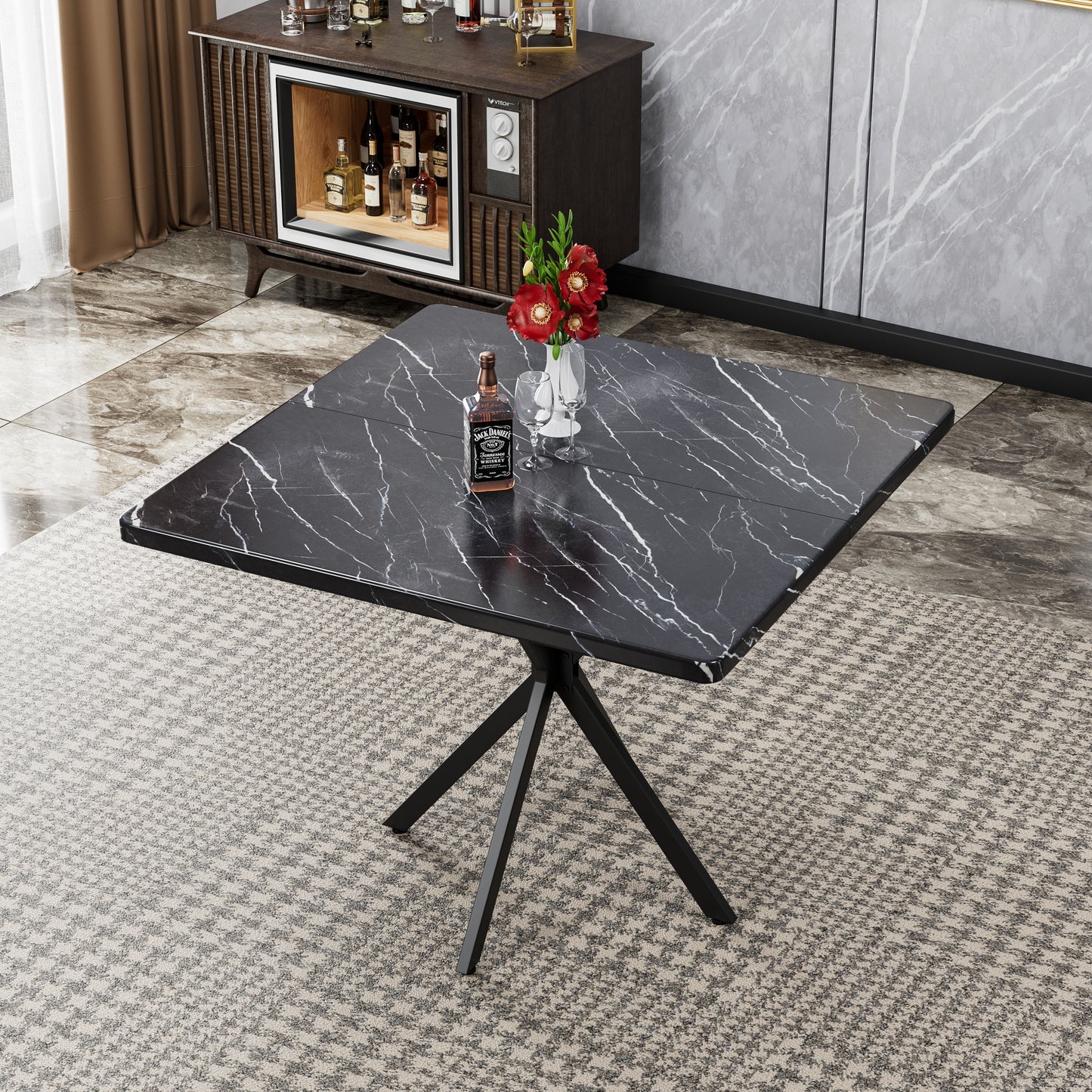 Square Dining Table Mid Century For 4-6 Space Saving Black