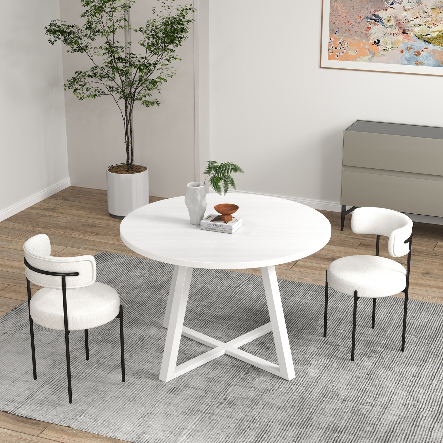 Trestle Round Dining Set With Two Chairs Three Piece Boucle