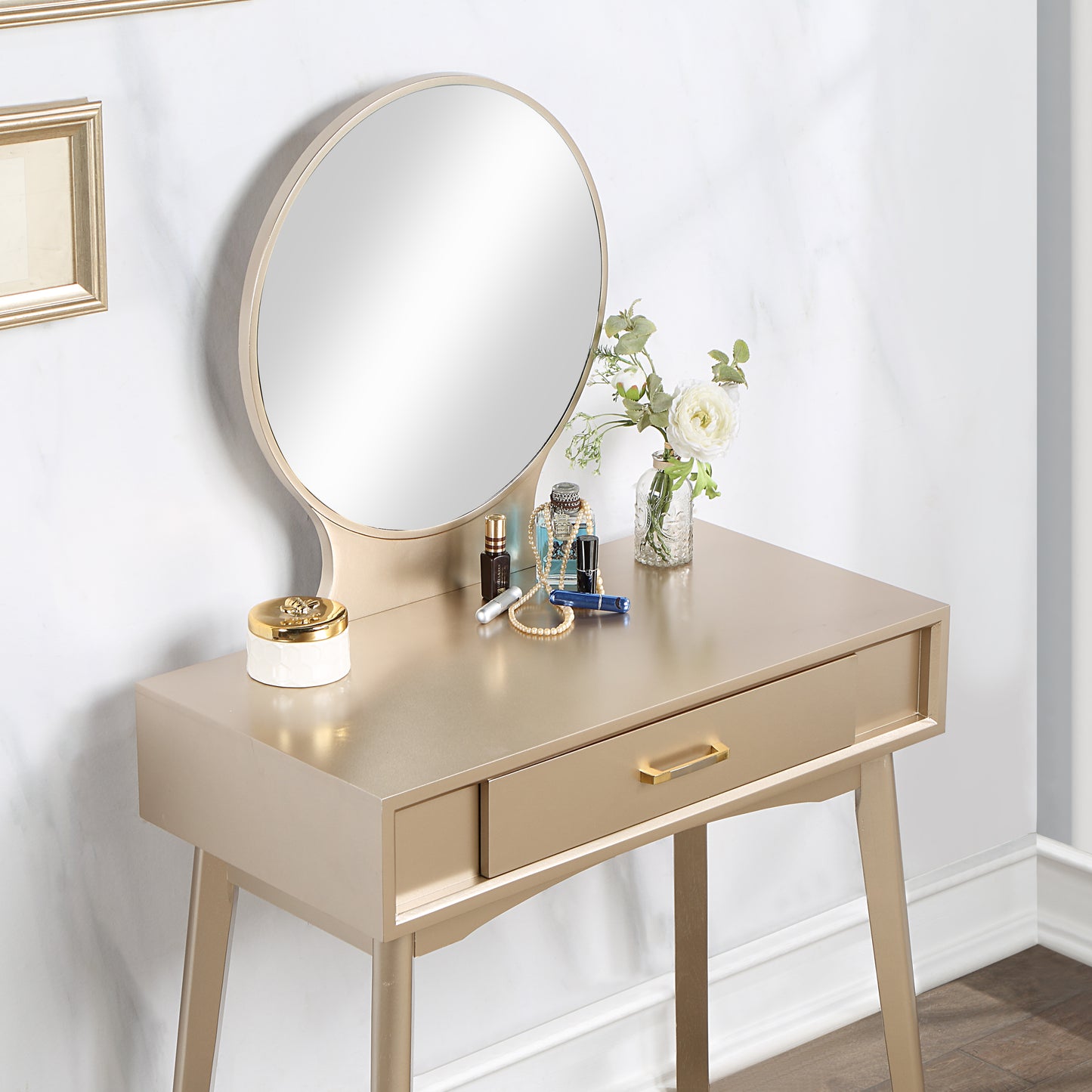 Contemporary Wood Vanity and Stool Set for Bedroom, Drawer Storage, 2-Piece Vanity Set Gold