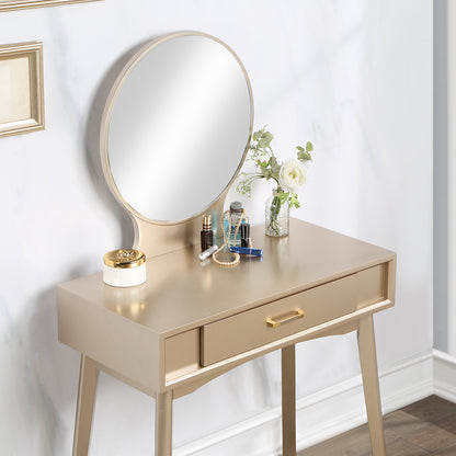 Contemporary Wood Vanity and Stool Set for Bedroom, Drawer Storage, 2-Piece Vanity Set Gold