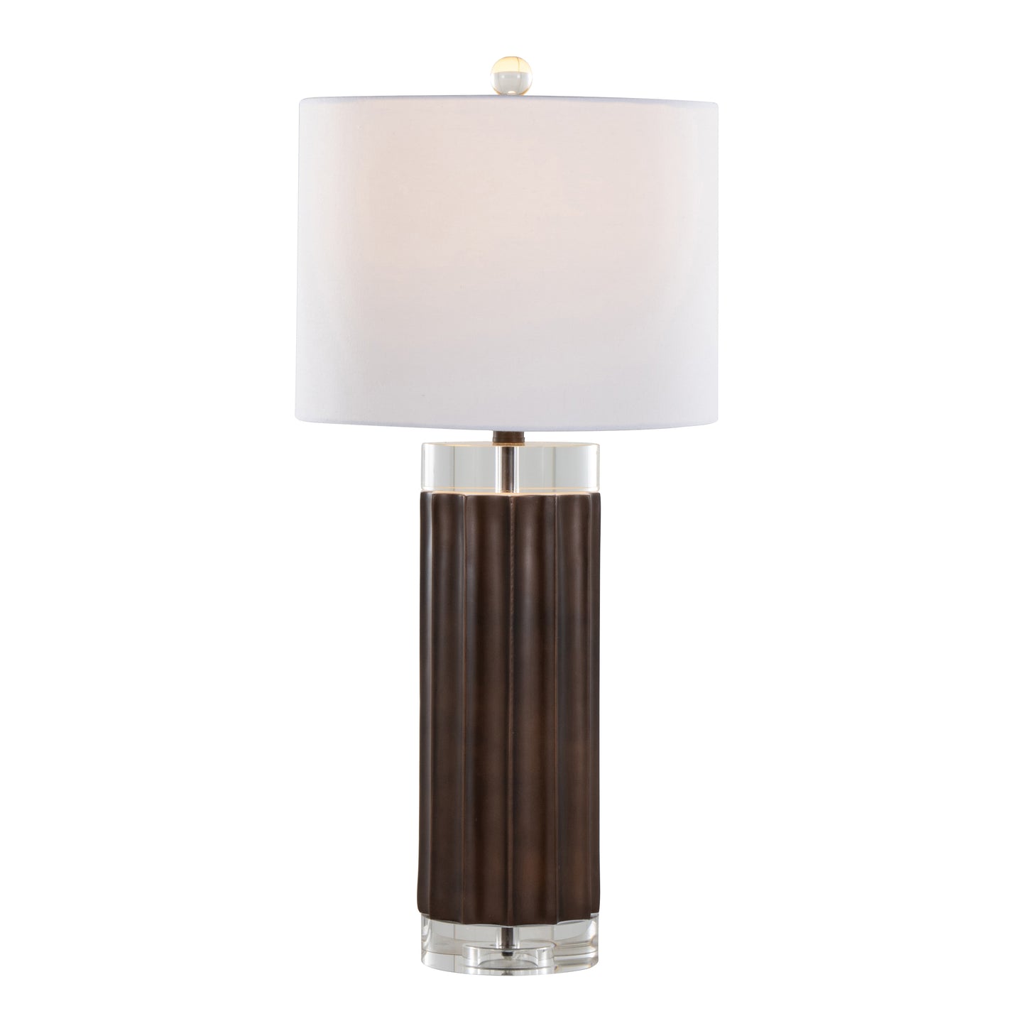 29.25-Inch Fluted Cylinder Table Lamp, Polyresin Base, Crystal Cylinders, White Linen Shade, Brown Lustre