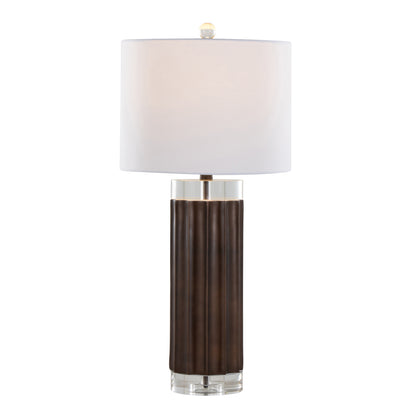 29.25-Inch Fluted Cylinder Table Lamp, Polyresin Base, Crystal Cylinders, White Linen Shade, Brown Lustre