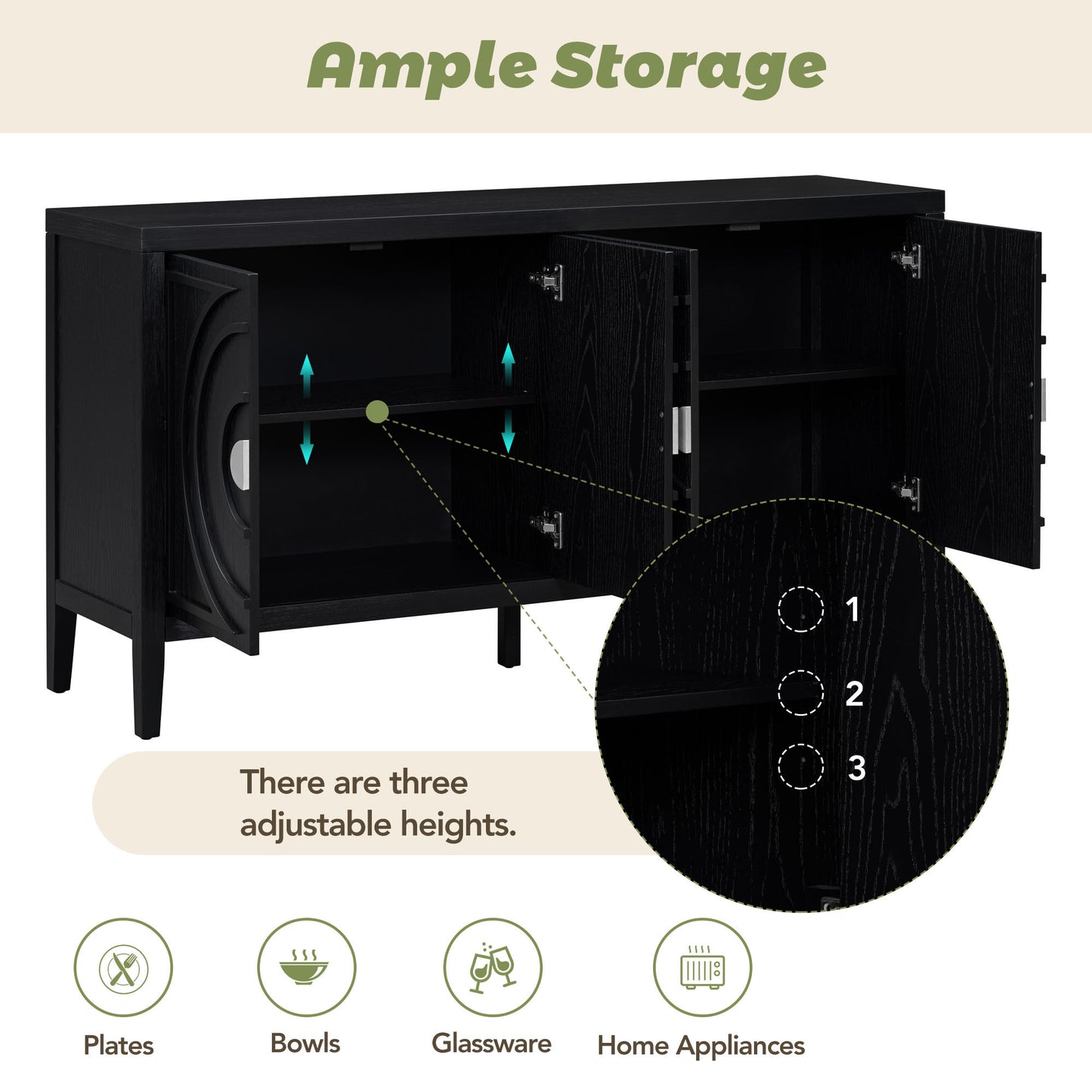 TREXM Retro Sideboard door with Circular Groove Design Round Metal Door Handle for Entrance, Dinning Room, Living Room (Black)