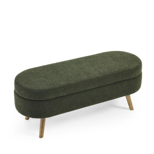 Oval Storage Ottoman Bench with Rubber Wood Legs, 43.5 x 16 x 16 in, Storage, Footstool/Seat, Green