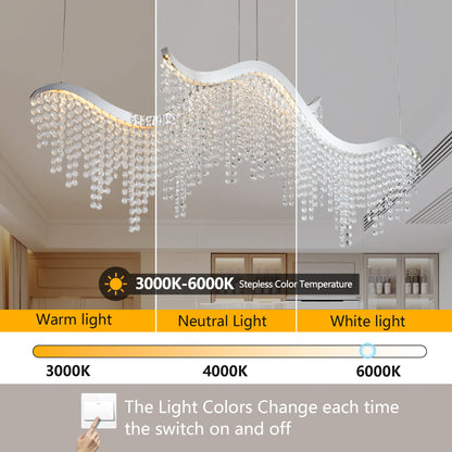 36.2-Inch Dangling Wave Crystal Chandelier, Stainless Steel Frame, LED, 110V, Adjustable Height Chrome