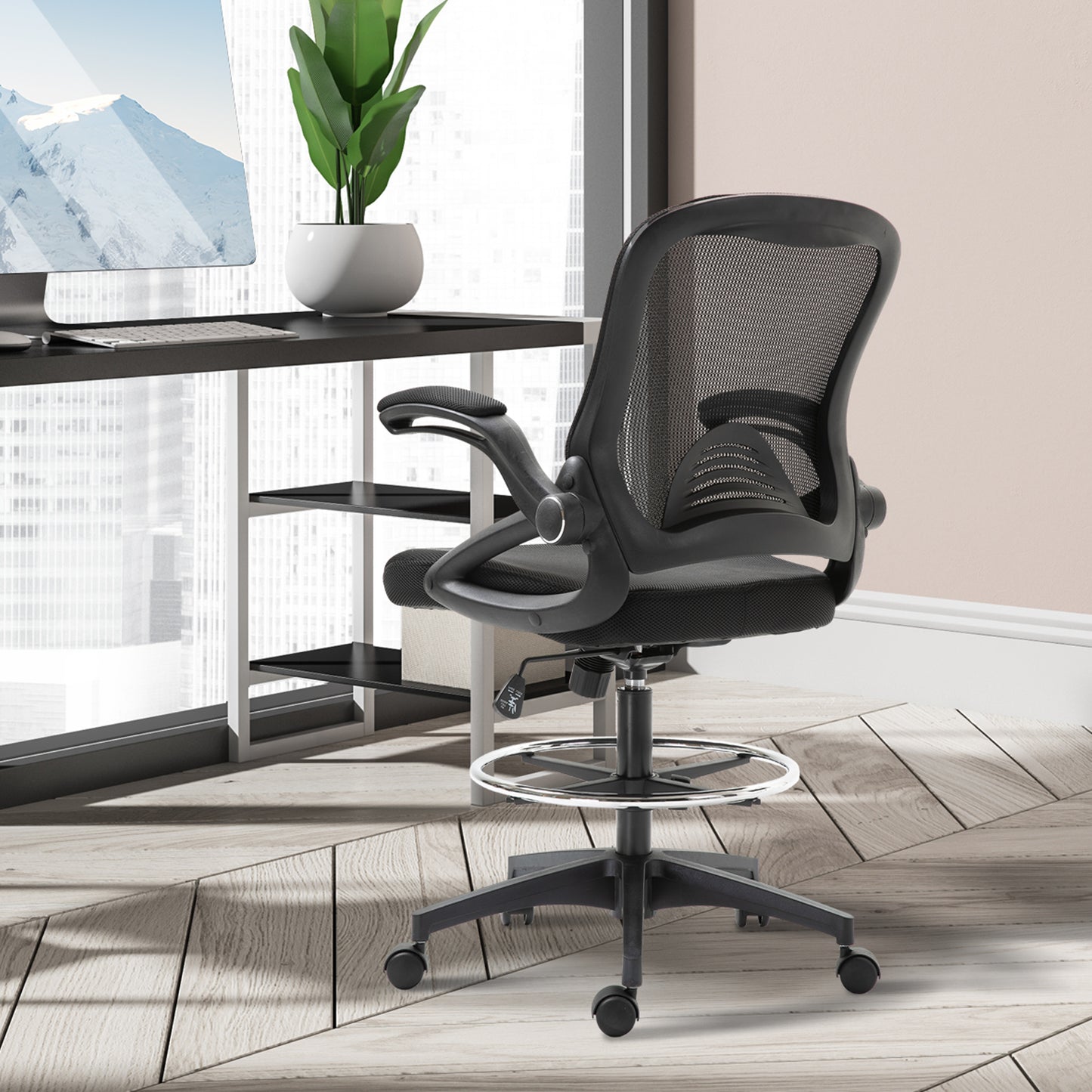 Adjustable Tall Mesh Drafting Chair with Lumbar Support, Flip-Up Armrests, and Footrest Ring in Black