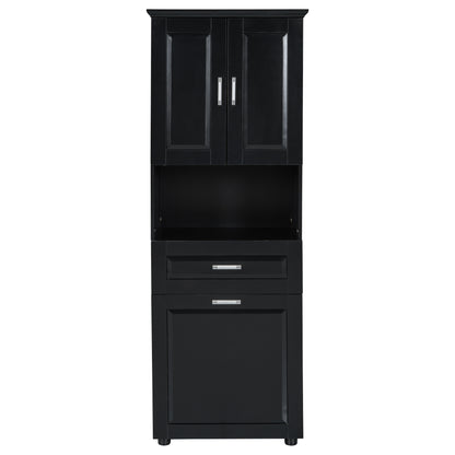 Stylish Tall Black Bathroom Storage Cabinet with Removable Laundry Basket and Ample Organizing Space