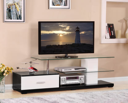 Rectangular TV Stand for 60-Inch TV with Glass Top, 1 Drawer, 2 Shelves, Open Back Black and White Finish