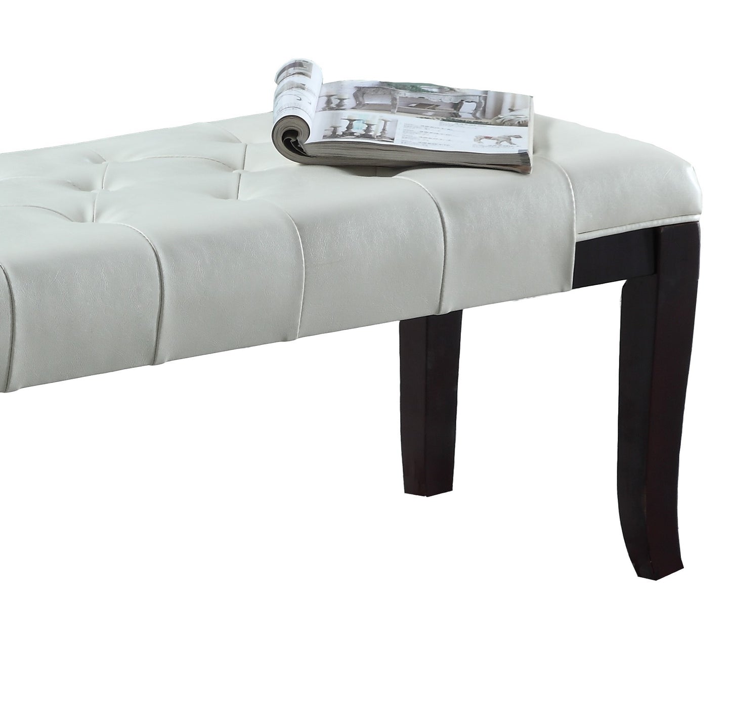 44-Inch Tufted Bench with Faux Leather, Button-Tufted, Solid Hardwood Legs, Espresso Finish, White