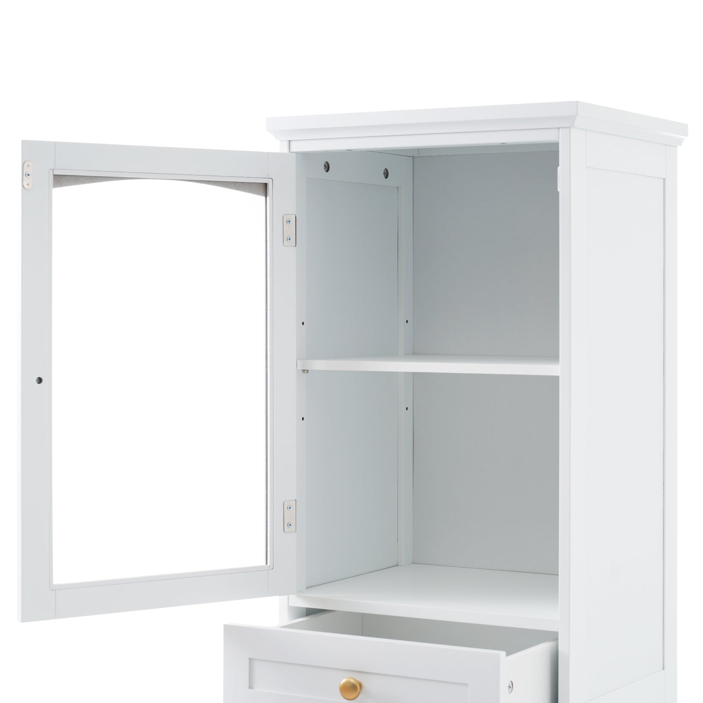 Elegant 63" Tall White Bathroom Storage Cabinet with Glass Doors, Two Drawers, Adjustable Shelves, and Anti-Tipping Design - Perfect for Organizing and Displaying Essentials