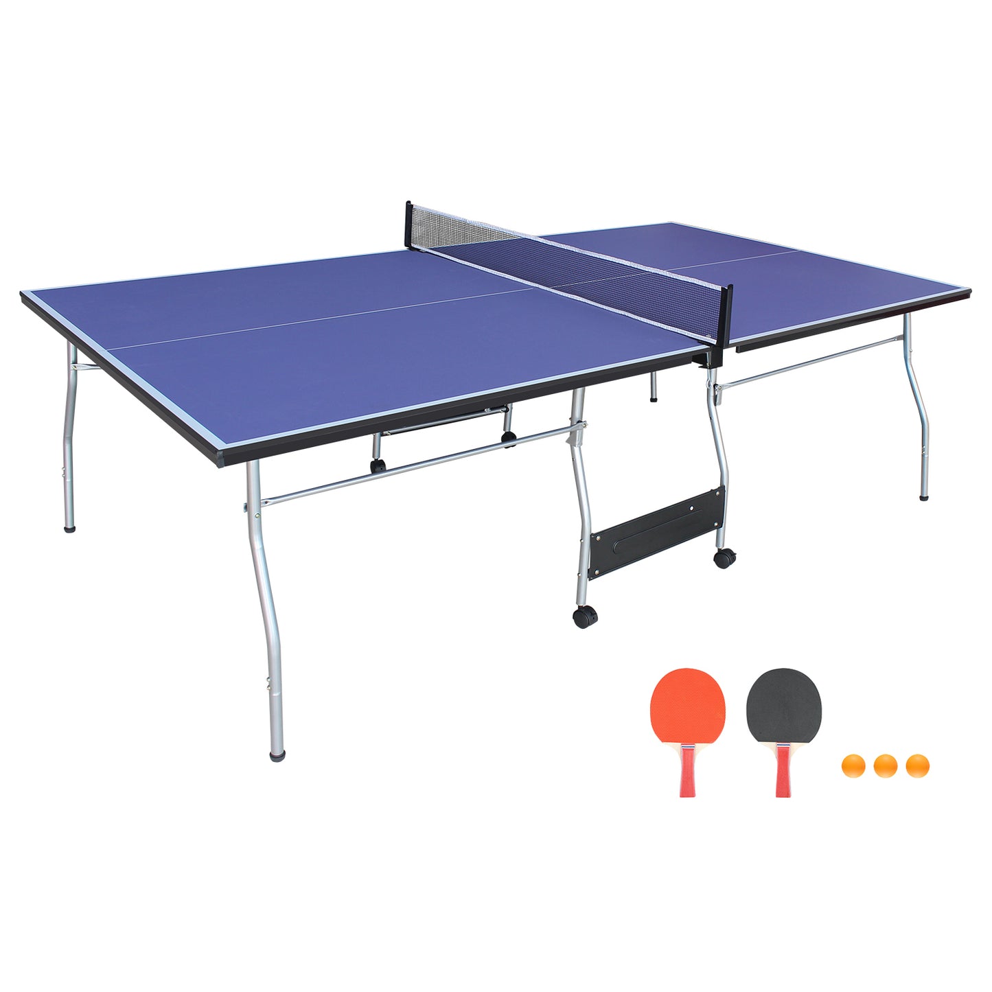 8ft Mid-Size Foldable TT Table for Indoor/Outdoor - Portable Ping Pong Set w/ Net, 2 Paddles, 3 Balls Blue