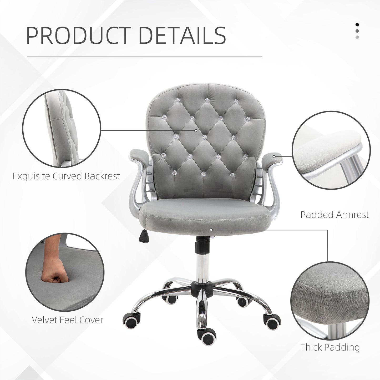 Elegant Gray Velvet Adjustable Office Chair with Swivel Wheels and Padded Armrests