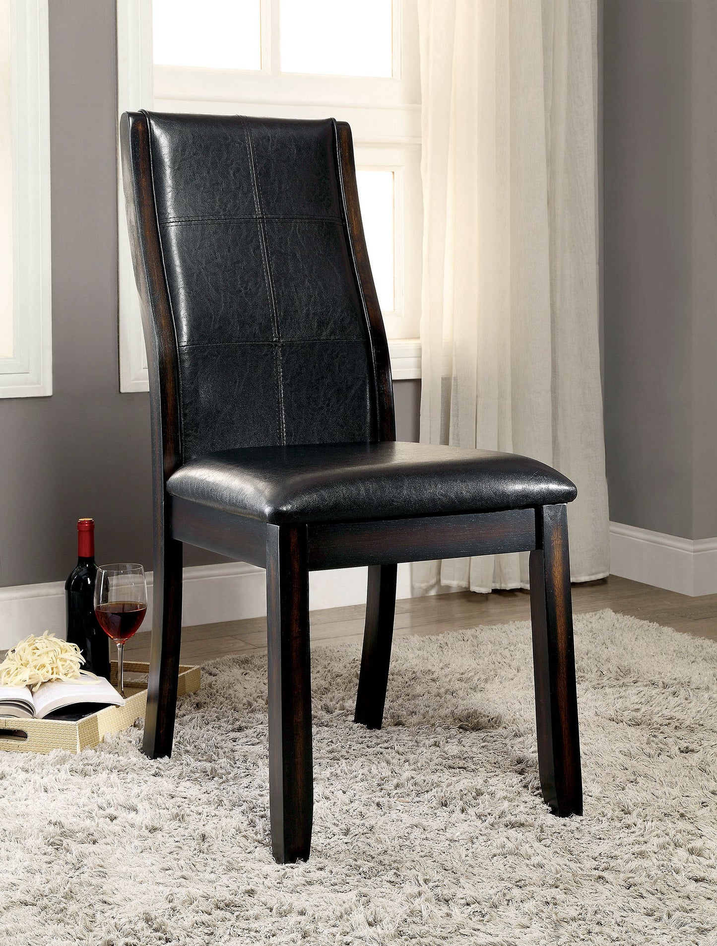 2-Piece Transitional Dining Chairs - Solid Wood, Curved Back, Padded Leatherette, Brown Cherry