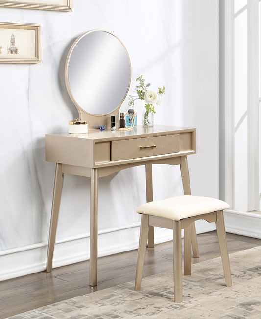 Contemporary Wood Vanity and Stool Set for Bedroom, Drawer Storage, 2-Piece Vanity Set Gold